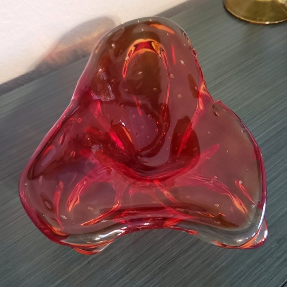 Handblown Red Art Glass Mid-Century Modern Atomic Bubble Vintage Ashtray Decor - Picture 5 of 11